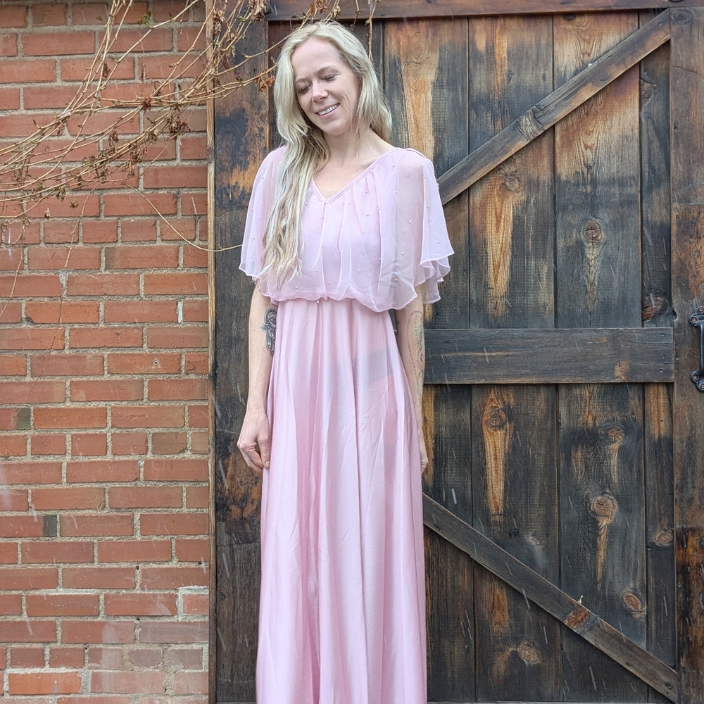 Vintage 70s Pink Pearl Shawl Collar Maxi Gown, Size S - Picture 2 of 16